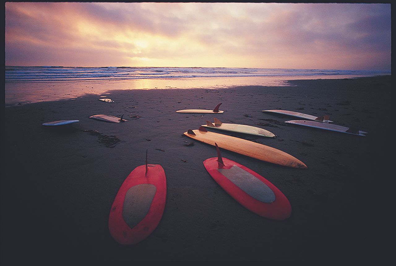 full frame image of nine surfboards at the edge of Morro Bay, CA shoreline