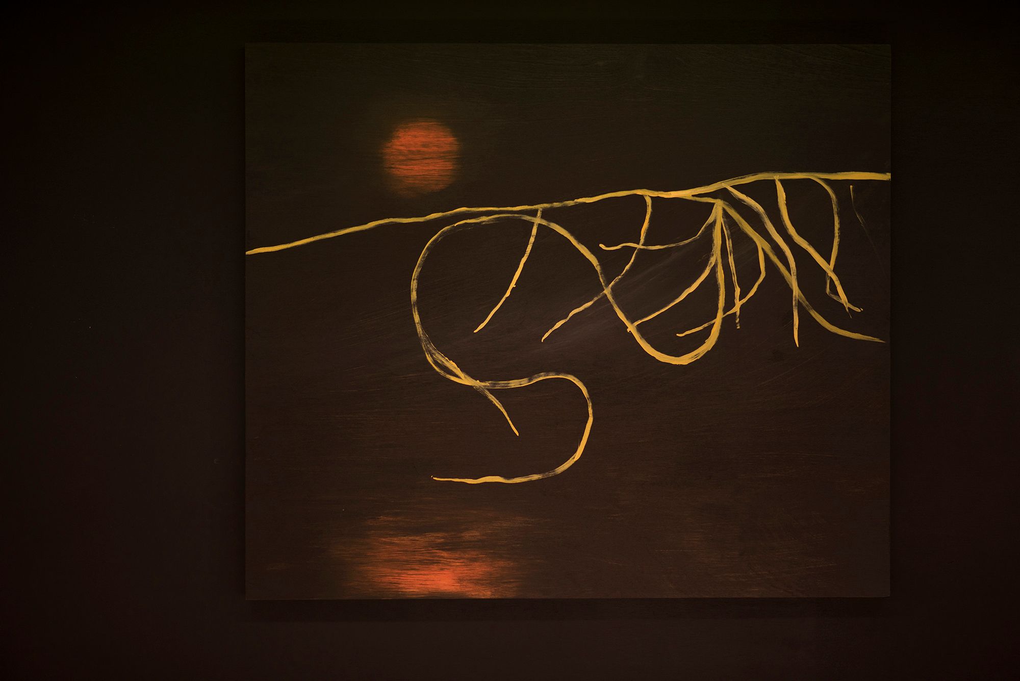 a gold hand drawn meandering line against a dark brown night sky with orange glowing moon above